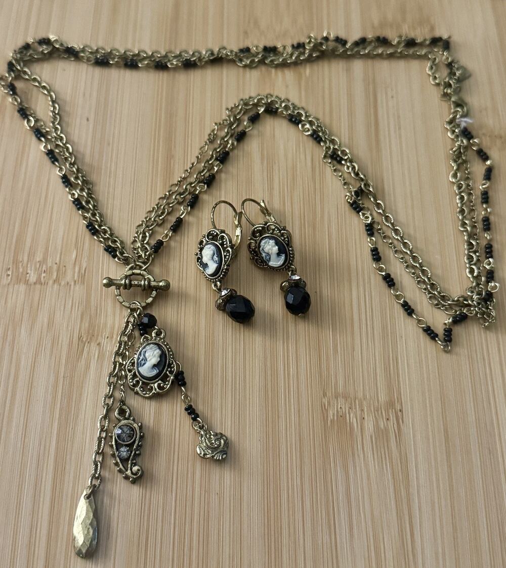 1928 Cameo Tassel Necklace Earrings Set Gold Tone Black Bead Victorian Revival